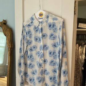 Floral Blue and White Womens silk blouse